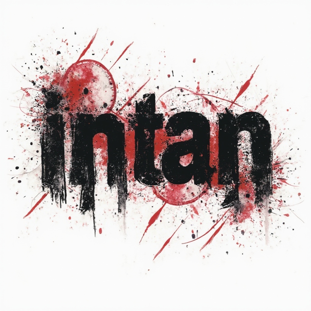 Trash Polka tattoo concept featuring the name intan in distressed black strokes with red graphic accents on white.