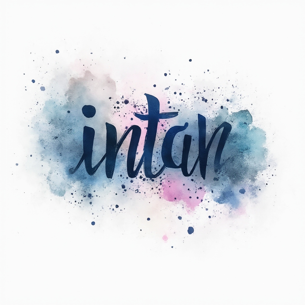 Watercolor galaxy-style tattoo concept where the name intan is painted as flowing colorful script on a white background.