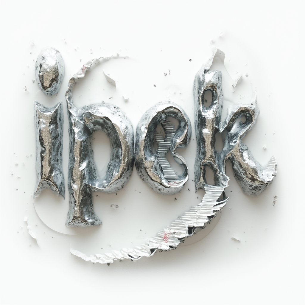 Surreal tattoo concept with the name ipek formed from melting chrome-like letters turning into impossible structures on a white background.