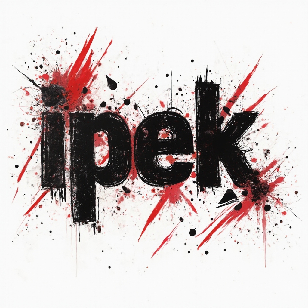 Trash Polka-inspired tattoo concept with the name ipek in distressed black lettering and bold red splashes on a white background.