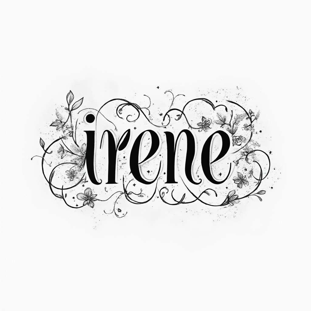 Black linework tattoo concept of the name irene with ornamental flourishes on white background