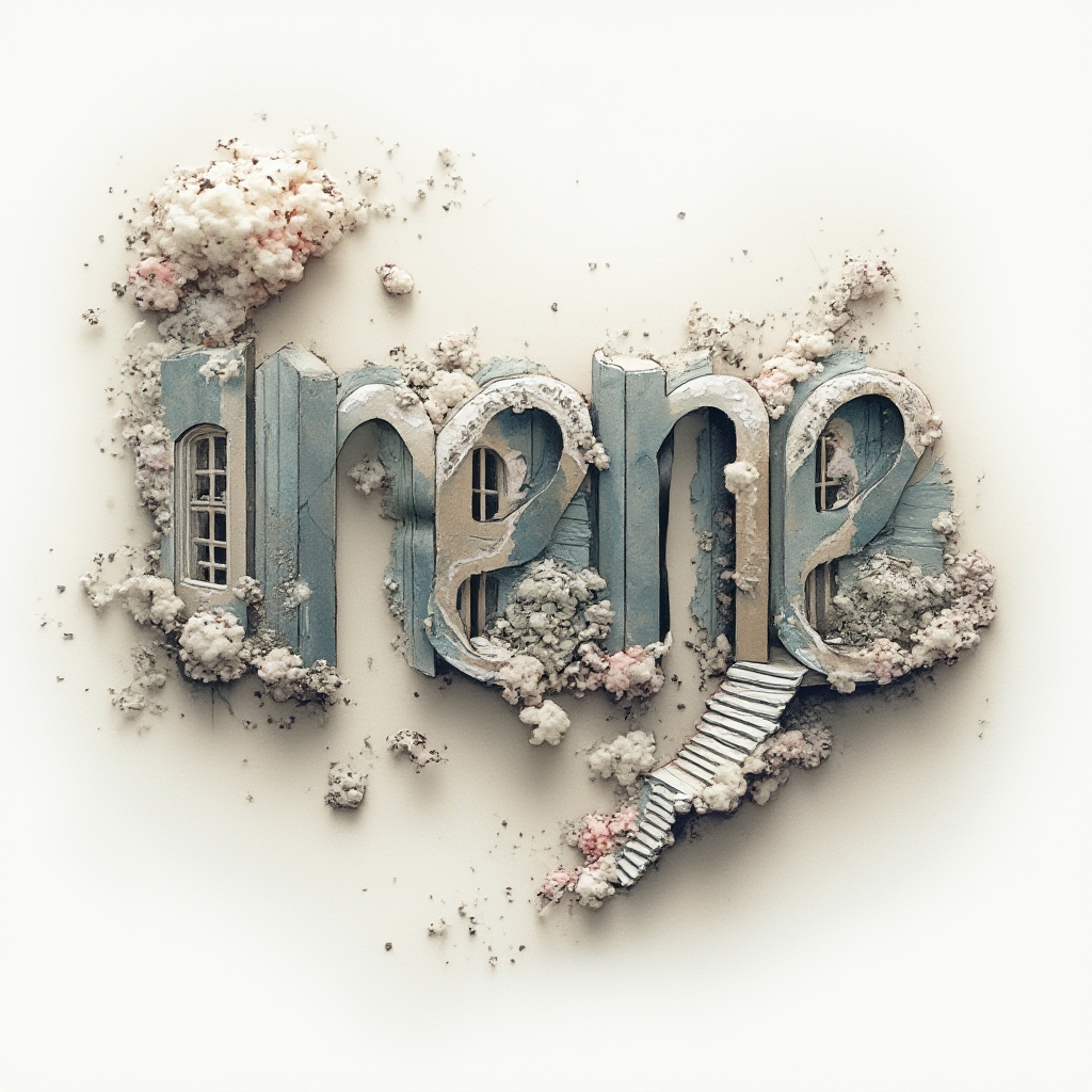 Surrealist tattoo concept of the name irene as twisting impossible architecture on white background