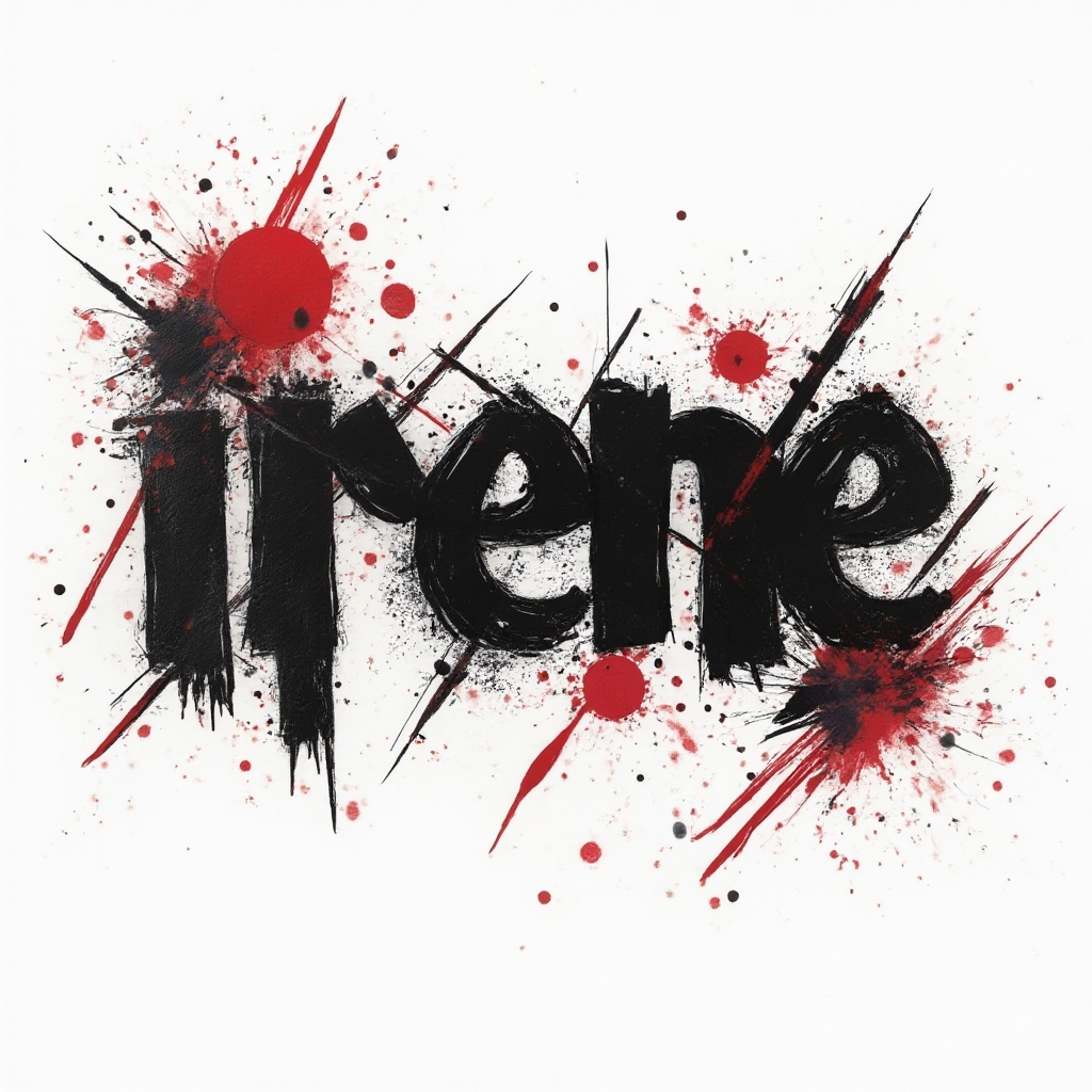 Trash Polka tattoo concept of the name irene with bold black and red ink on white background