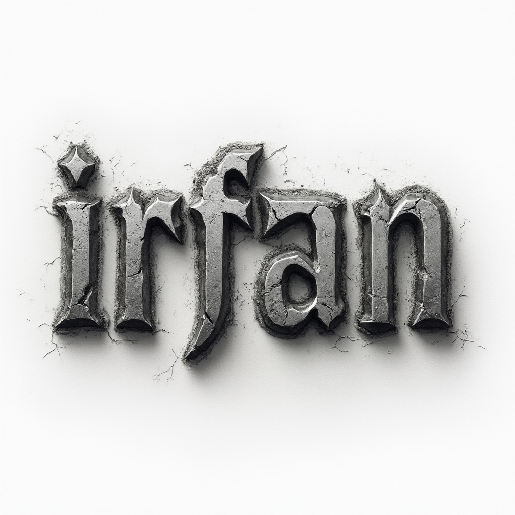 Dimensional grayscale tattoo concept of the name irfan in faceted, sculpted lettering on a white background