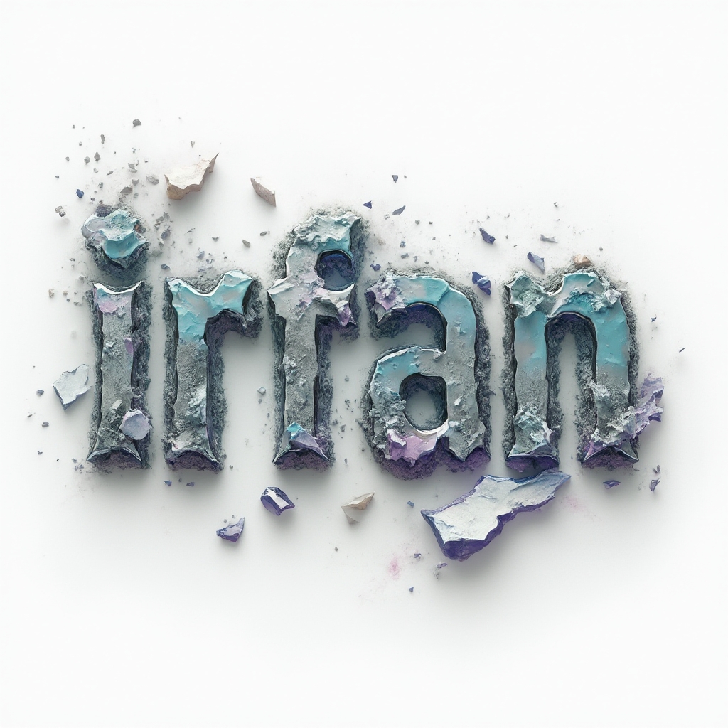 Surreal tattoo concept of the name irfan made from floating, melting abstract structures on a white background