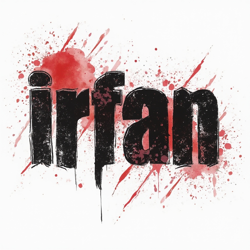 Trash Polka tattoo concept of the name irfan in distressed black and red graphic lettering on a white background