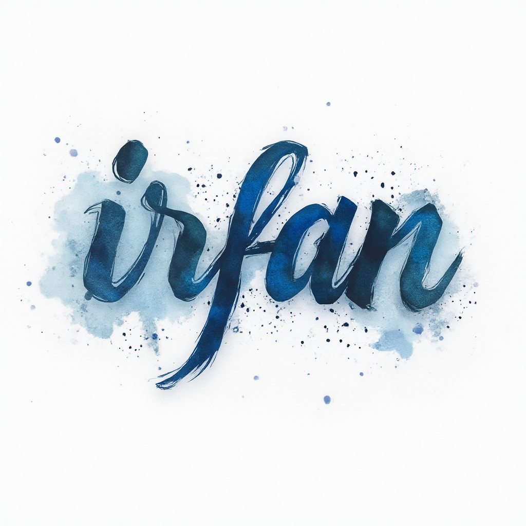 Watercolor-style tattoo concept of the name irfan in colorful flowing brushstroke lettering on a white background