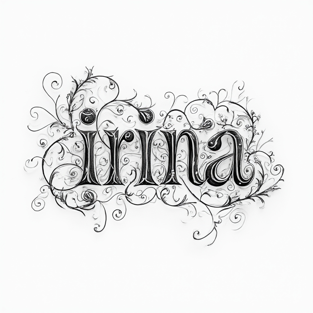 Ornamental linework tattoo concept where the name irina is formed from intricate flowing flourishes on a white background.