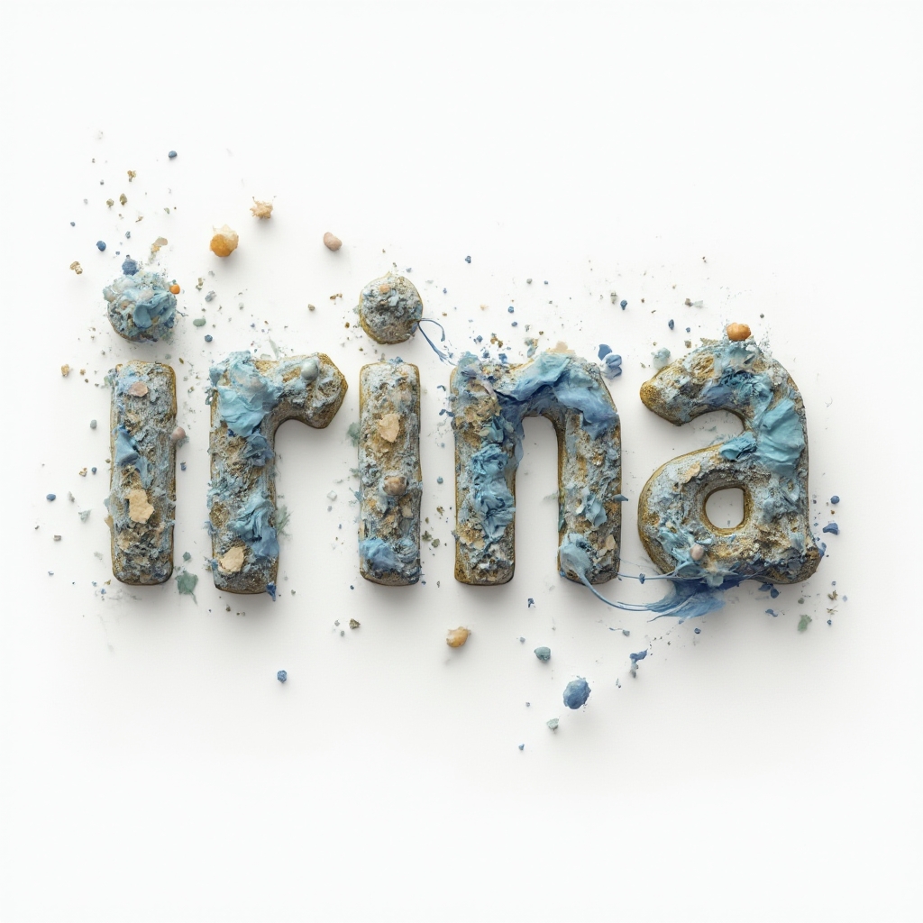 Surreal tattoo concept where the name irina is formed from morphing, dreamlike shapes on a white background.