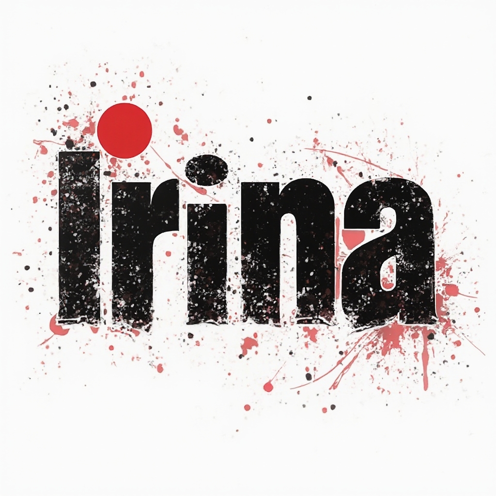 Trash polka tattoo concept where the name irina is rendered with bold black letters and red splashes on a white background.