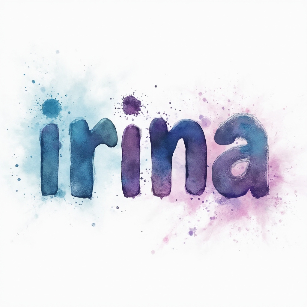 Watercolor-style tattoo concept where the name irina is painted with colorful flowing brushstroke letters on a white background.