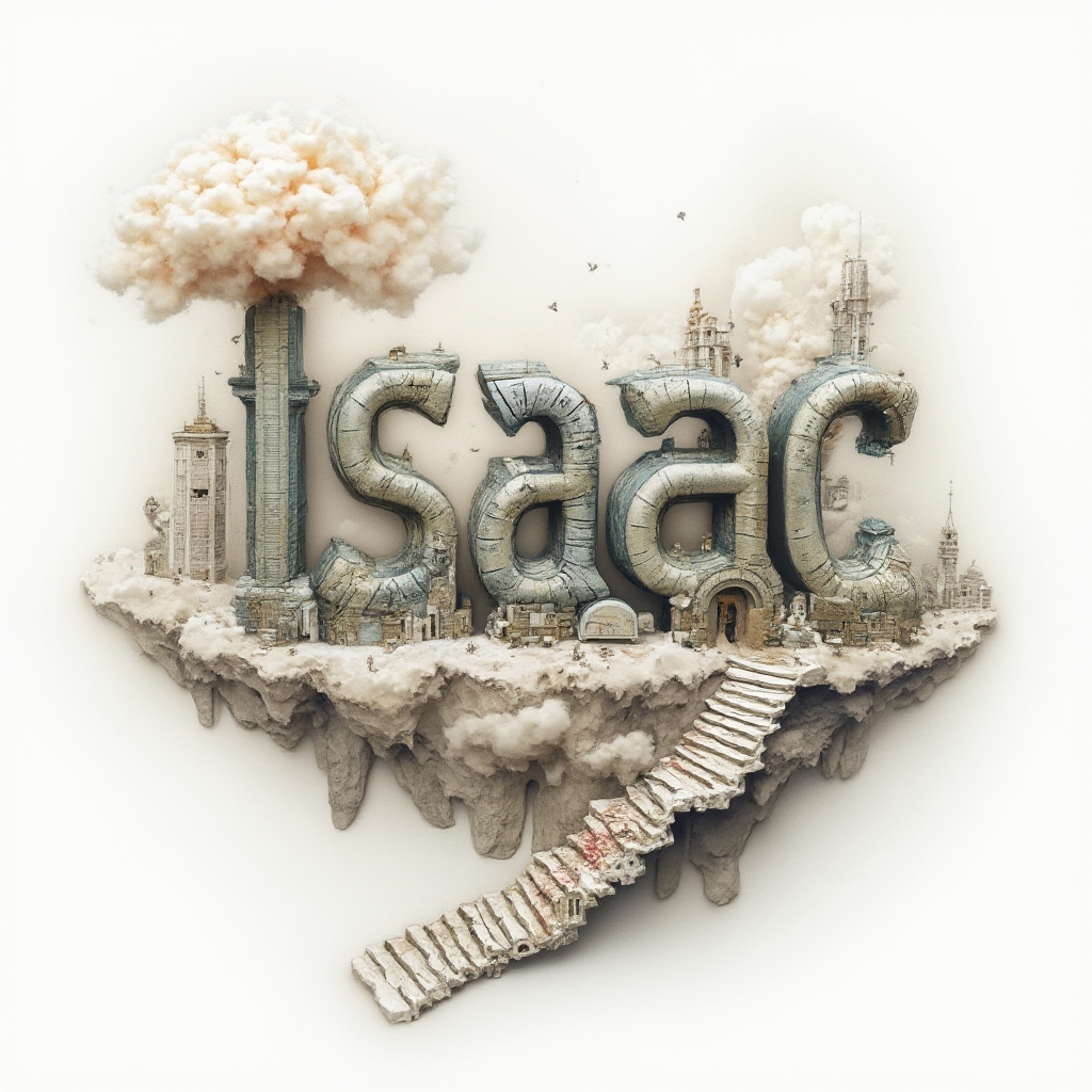 Surreal tattoo-style dreamscape forming the name isaac from clouds, staircases, and floating structures on a white background.