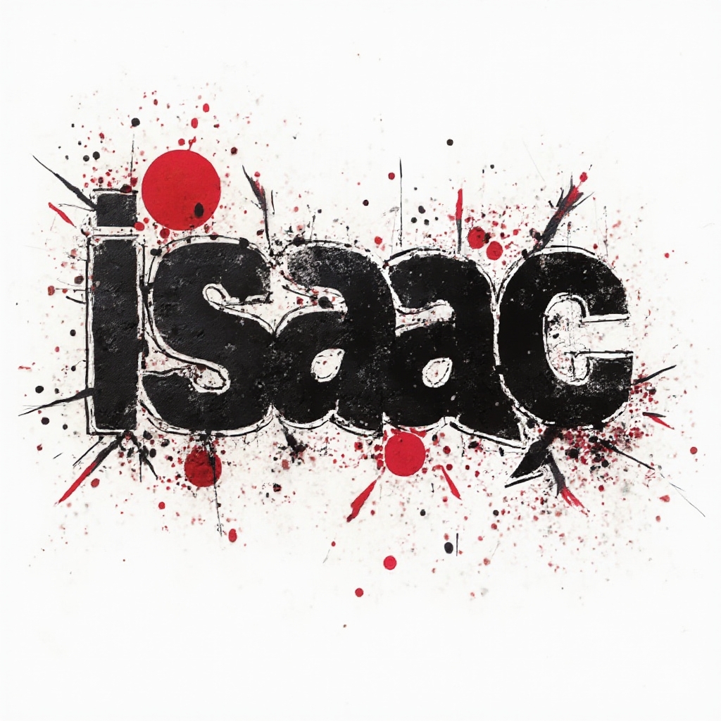 Trash Polka-style tattoo design with the name isaac in fragmented black and red graphic lettering on a white background.