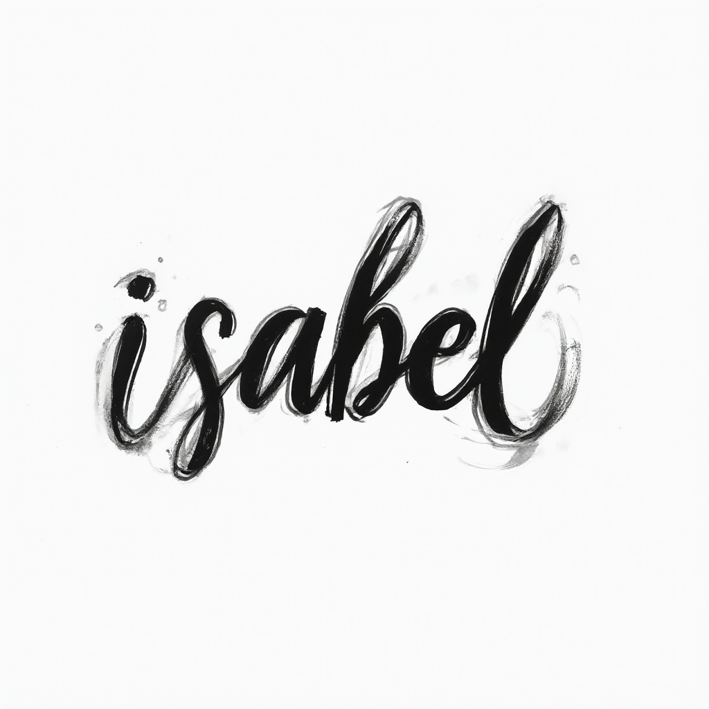 Expressive black brushstroke lettering tattoo concept of the name isabel on a white background.