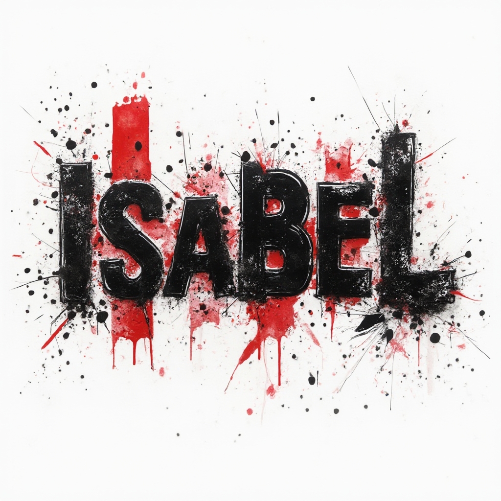 Trash Polka-inspired tattoo design of the name isabel with bold black and red distressed lettering on a white background.