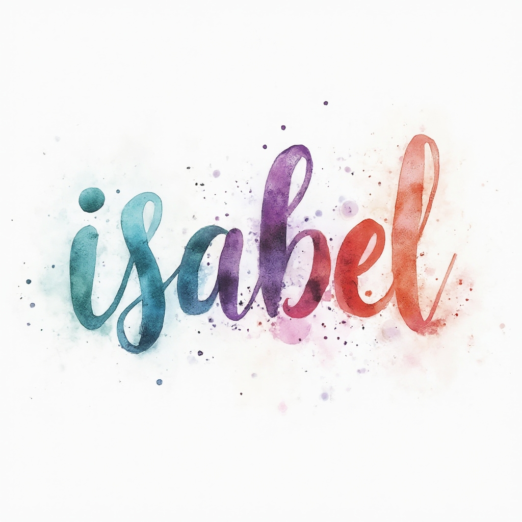 Watercolor-style tattoo concept of the name isabel in fluid, colorful calligraphy on a white background.