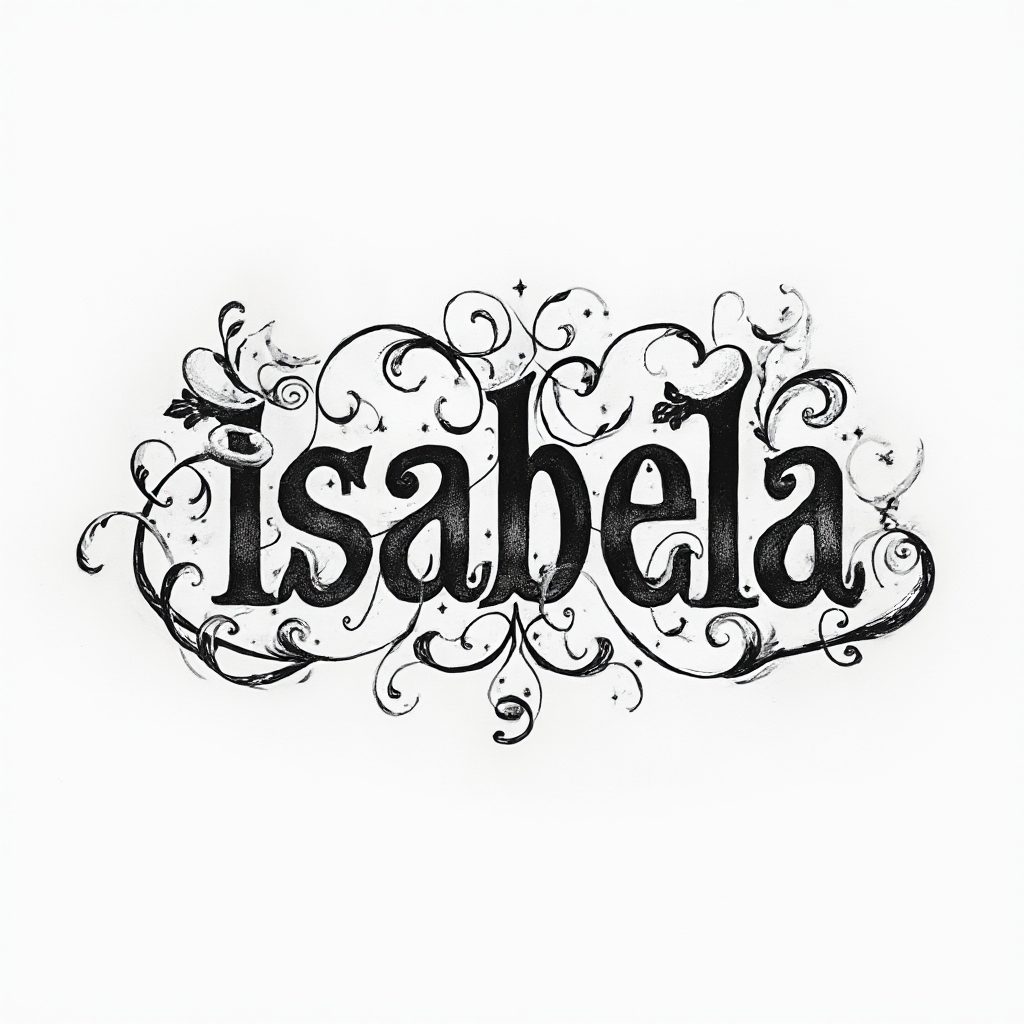 Ornamental tattoo design of the name isabela with flowing decorative filigree on white background