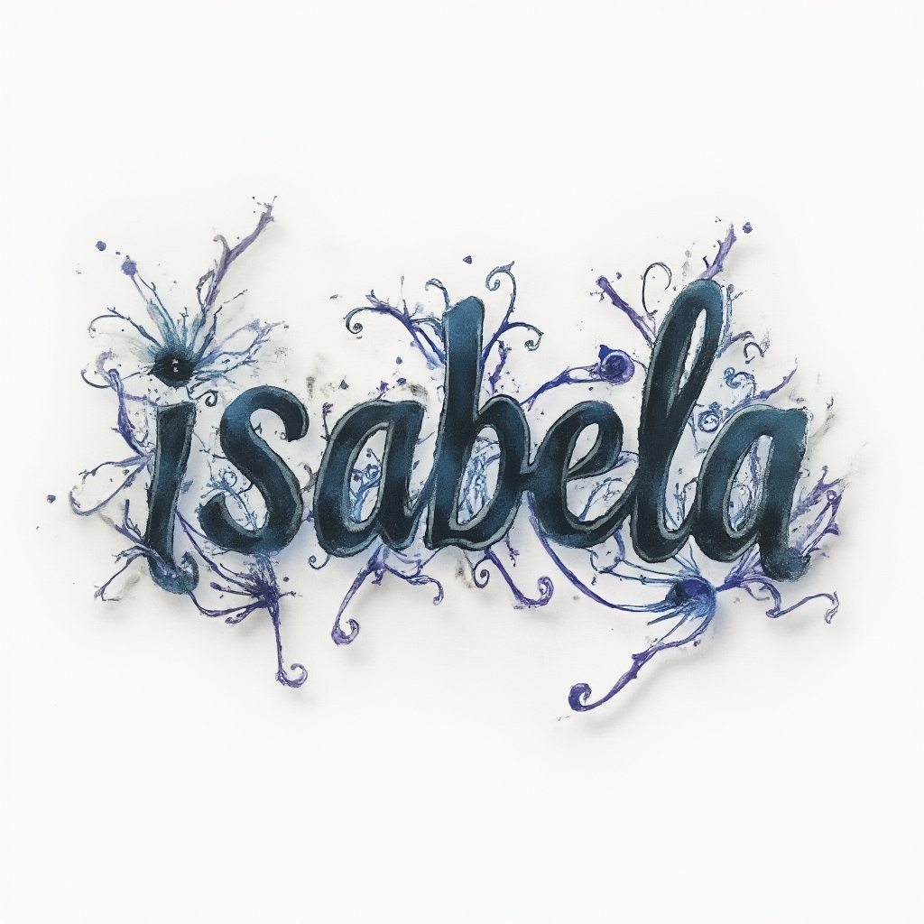 Surrealist tattoo-style design of the name isabela formed by morphing abstract shapes on white background