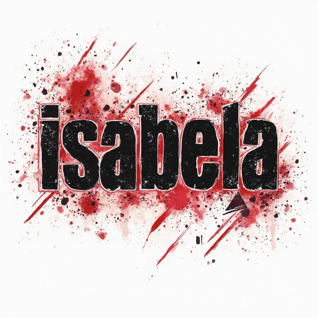 Trash Polka-inspired tattoo design of the name isabela with bold black and red graphic elements on white background