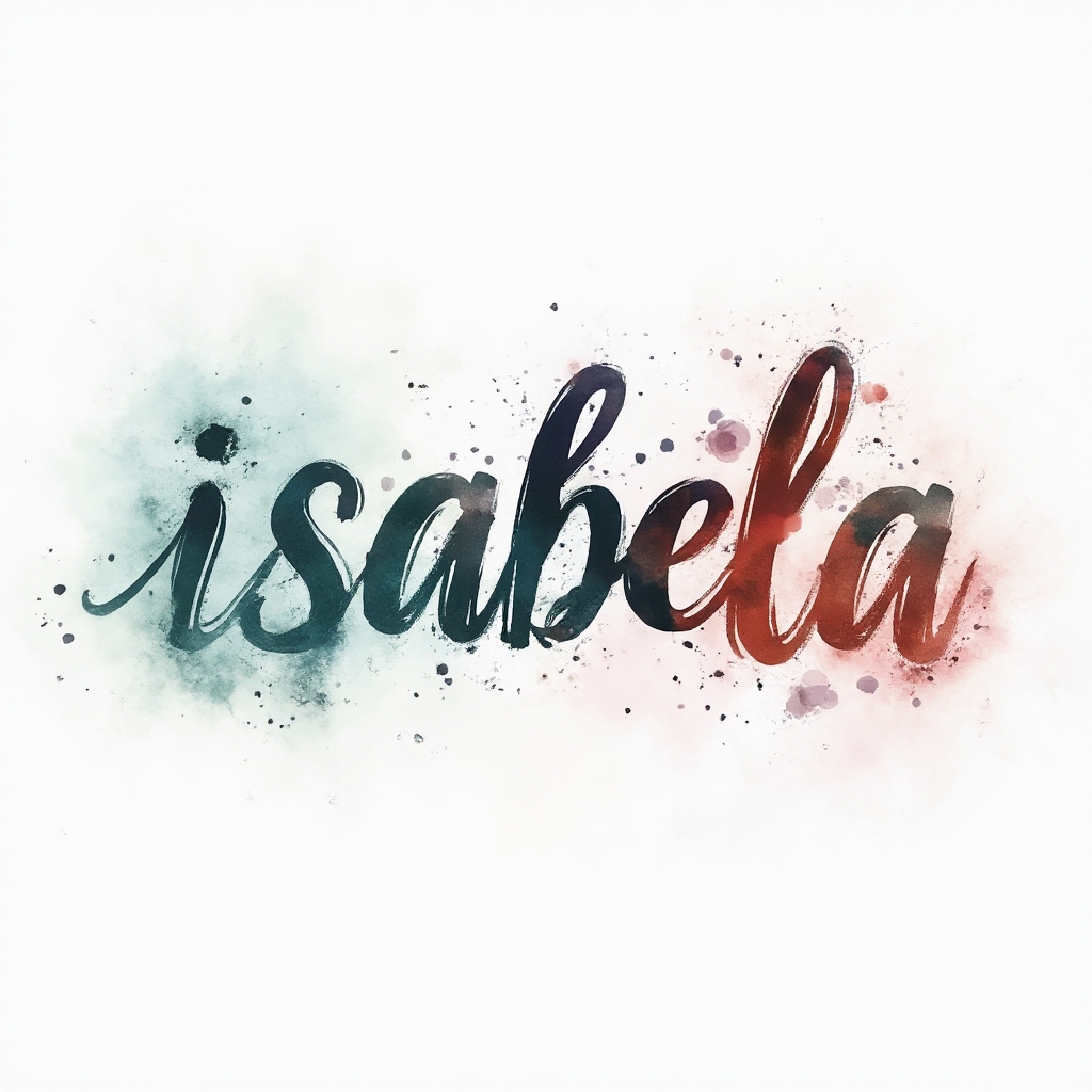 Watercolor-style tattoo design of the name isabela with colorful paint splashes on white background
