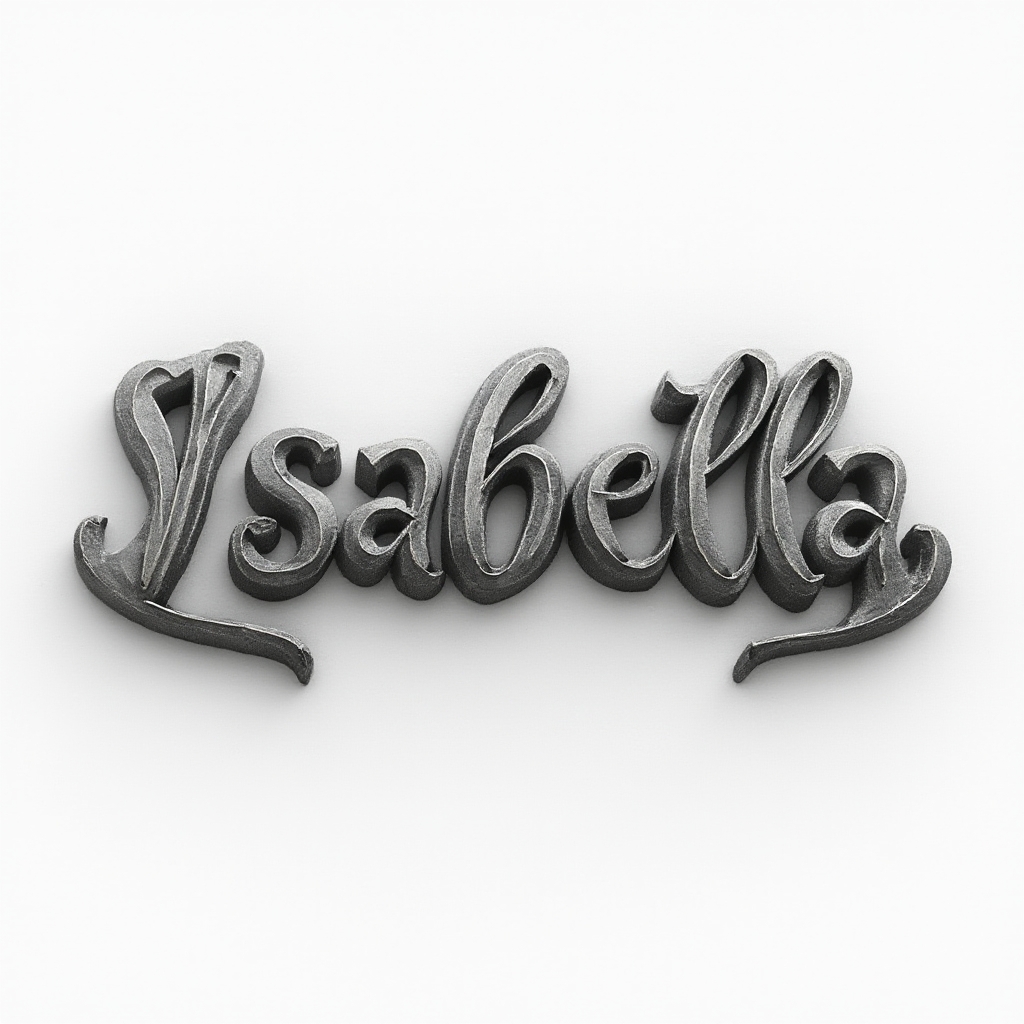 Dimensional sculpted tattoo design of the name isabella with metallic ribbon-like letters on white background