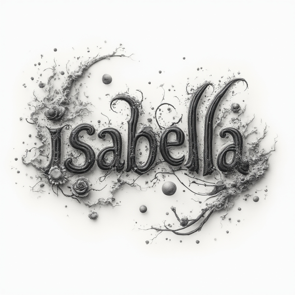 Surreal dreamlike tattoo design where the name isabella forms a fluid impossible structure on white background