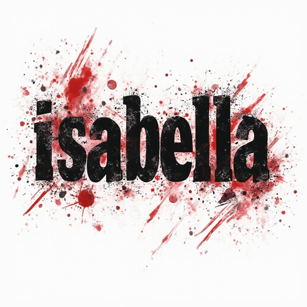 Bold Trash Polka tattoo design of the name isabella with black lettering and red splashes on white background