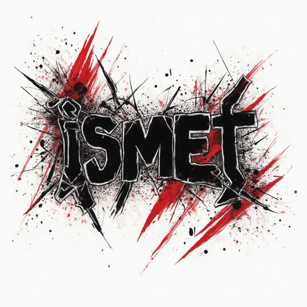 Trash Polka tattoo design where the name ismet appears in fragmented black and red lettering on white.