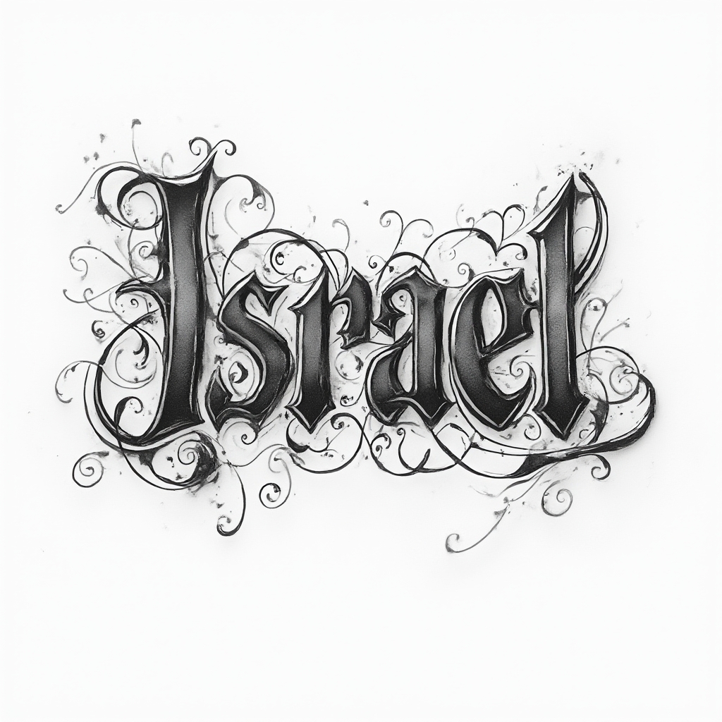 ornate tattoo design with the name israel formed by decorative stylized lettering and flourishes on a white background