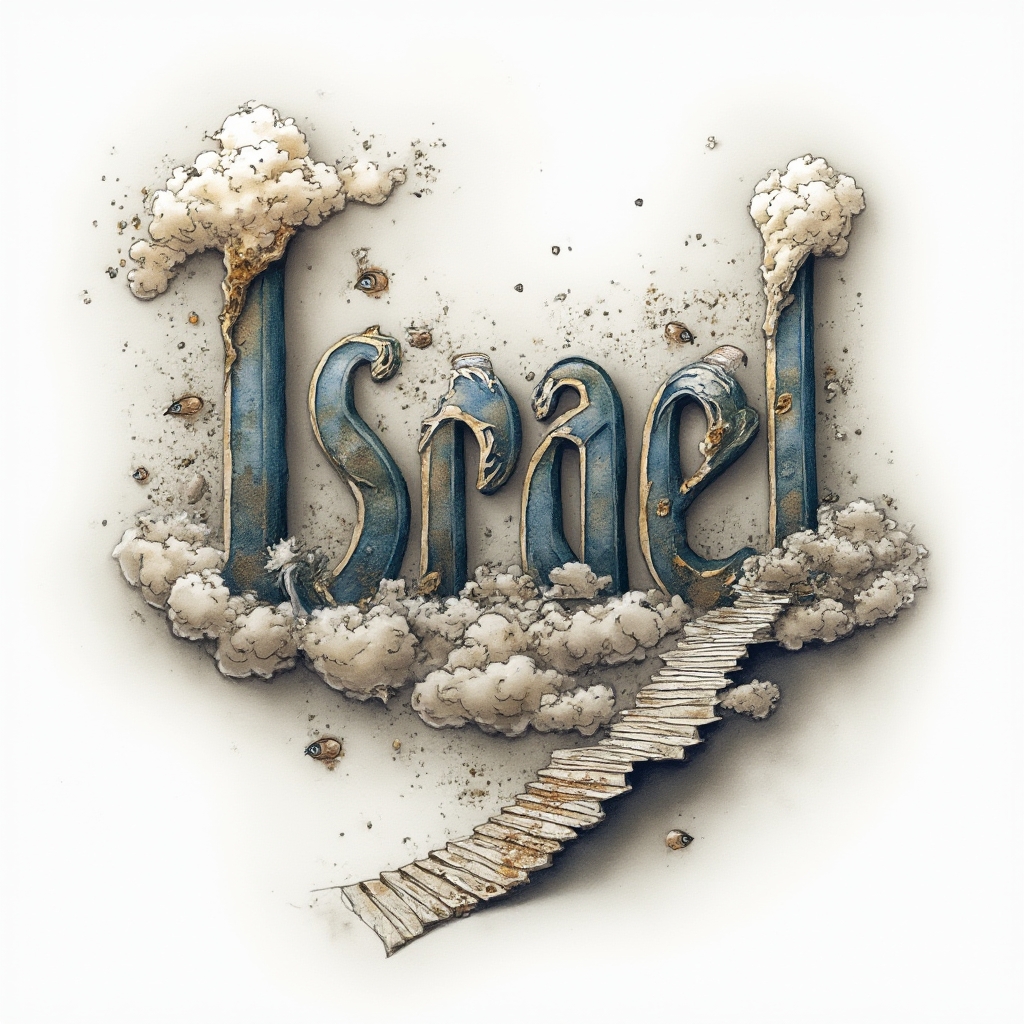 surrealist tattoo design where the name israel becomes abstract dreamlike letters on a white background