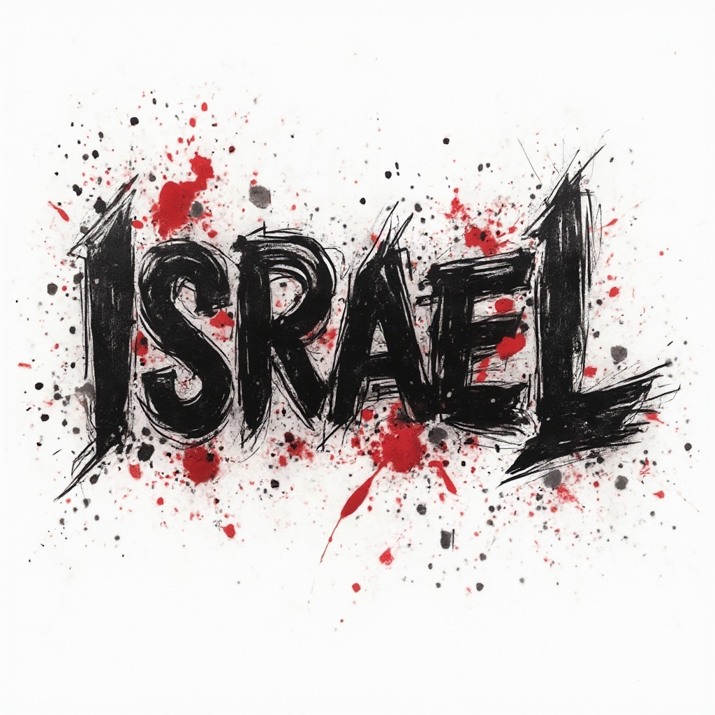 trash polka tattoo design with the name israel in distressed black and red stylized letters on a white background