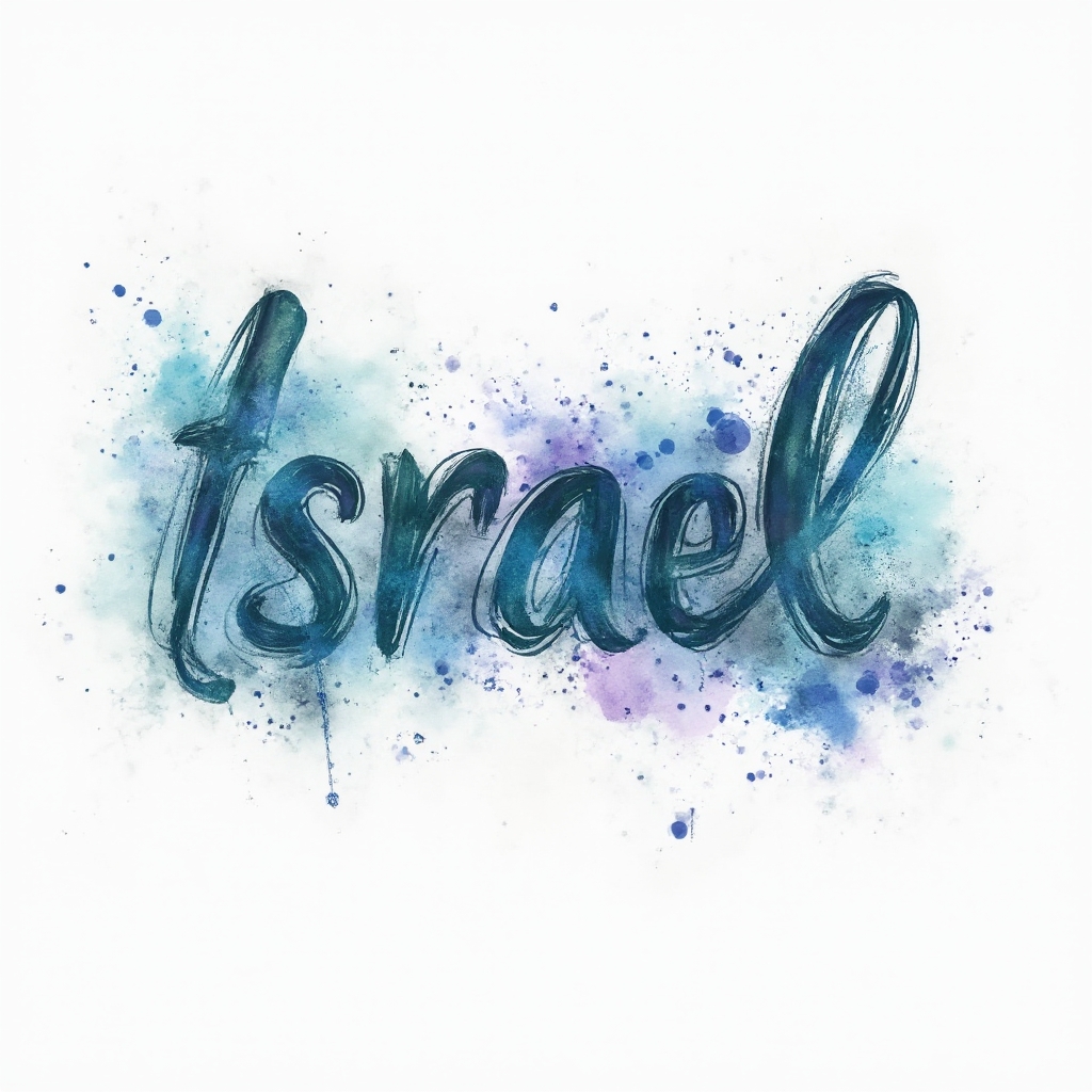 watercolor splash tattoo concept where the name israel is painted in flowing brushstroke letters on a white background