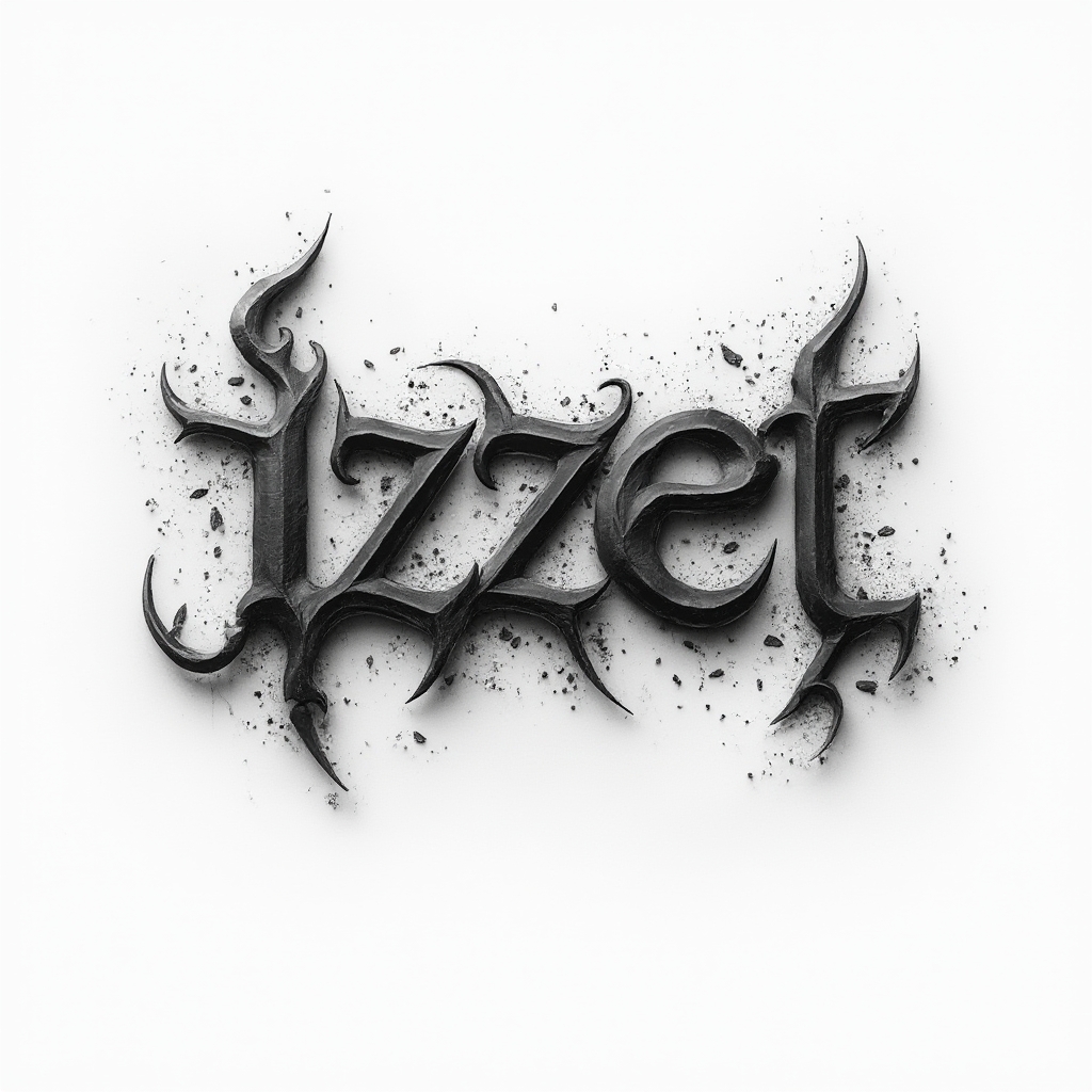 Black sculpted lettering tattoo concept where the name izzet appears raised with shadows on a white background.