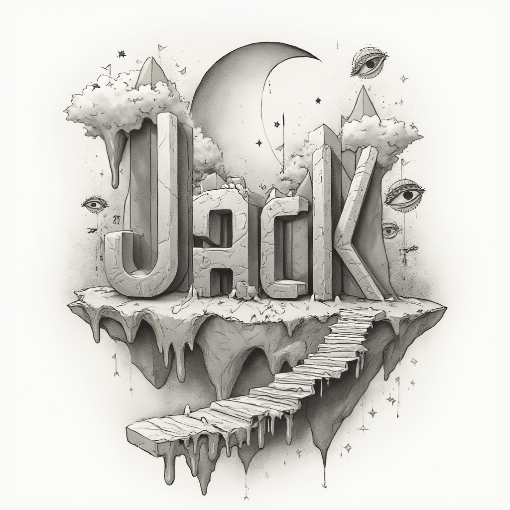 surreal tattoo concept where the name jack is hidden in impossible architectural shapes on a white background