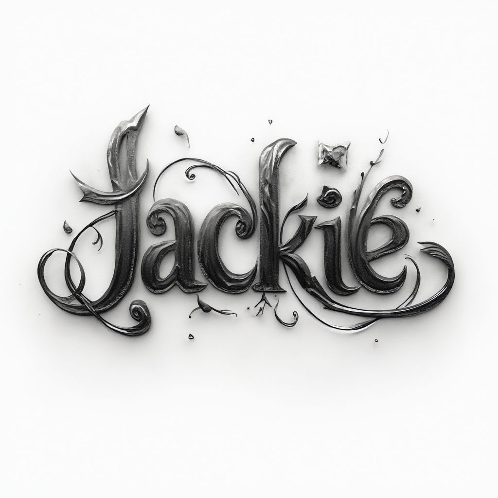 Dimensional script tattoo concept showing the name jackie as layered, 3D-style lettering on a white background.