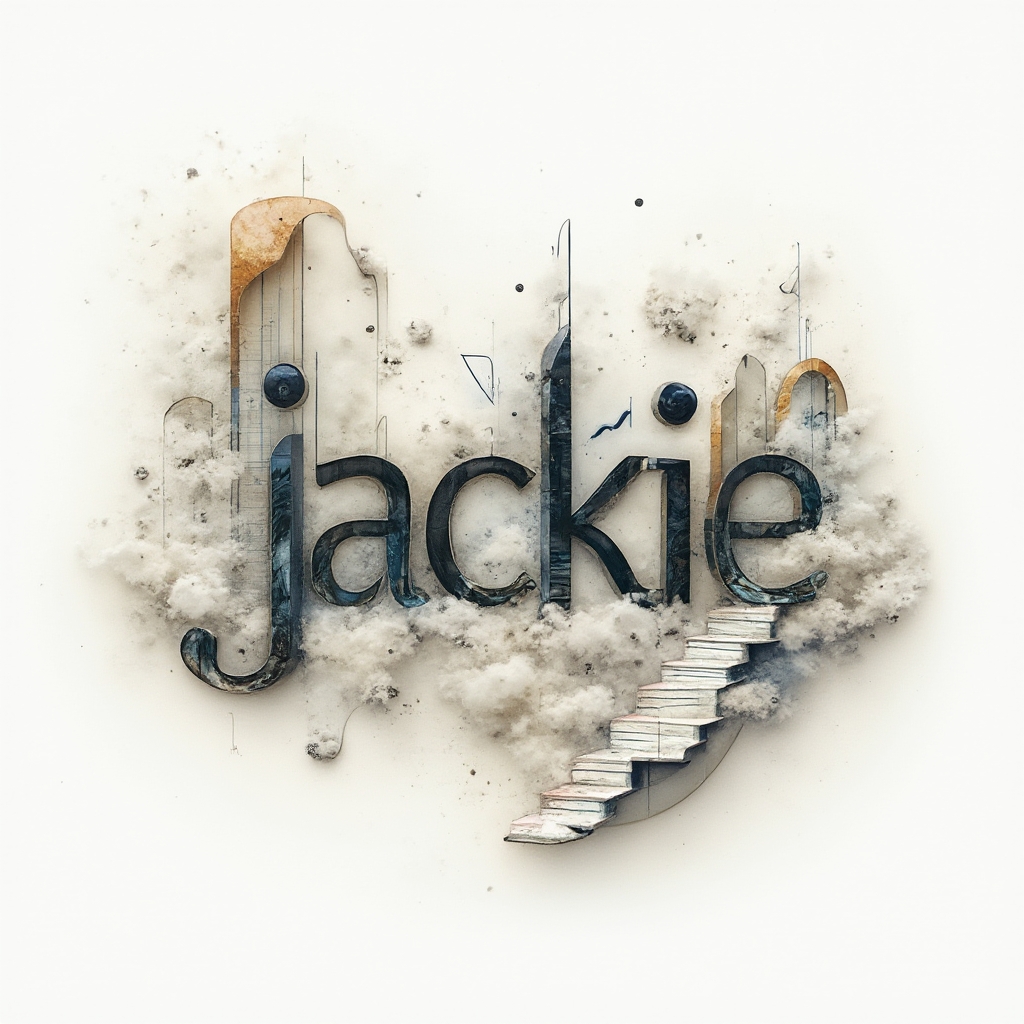 Surreal tattoo concept spelling jackie through floating, dreamlike structures on a white background.