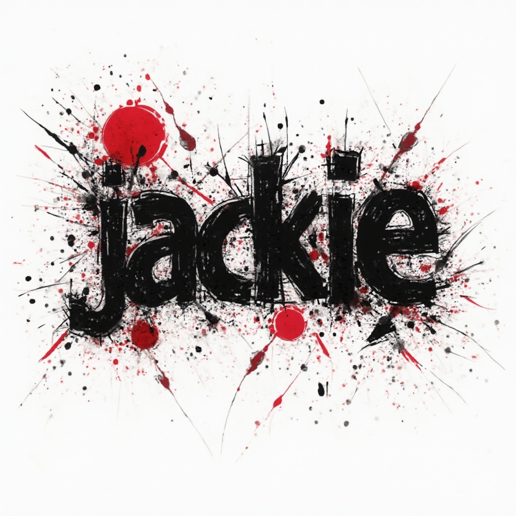 Trash Polka tattoo concept featuring the name jackie built from bold black strokes and red graphic accents on a white background.