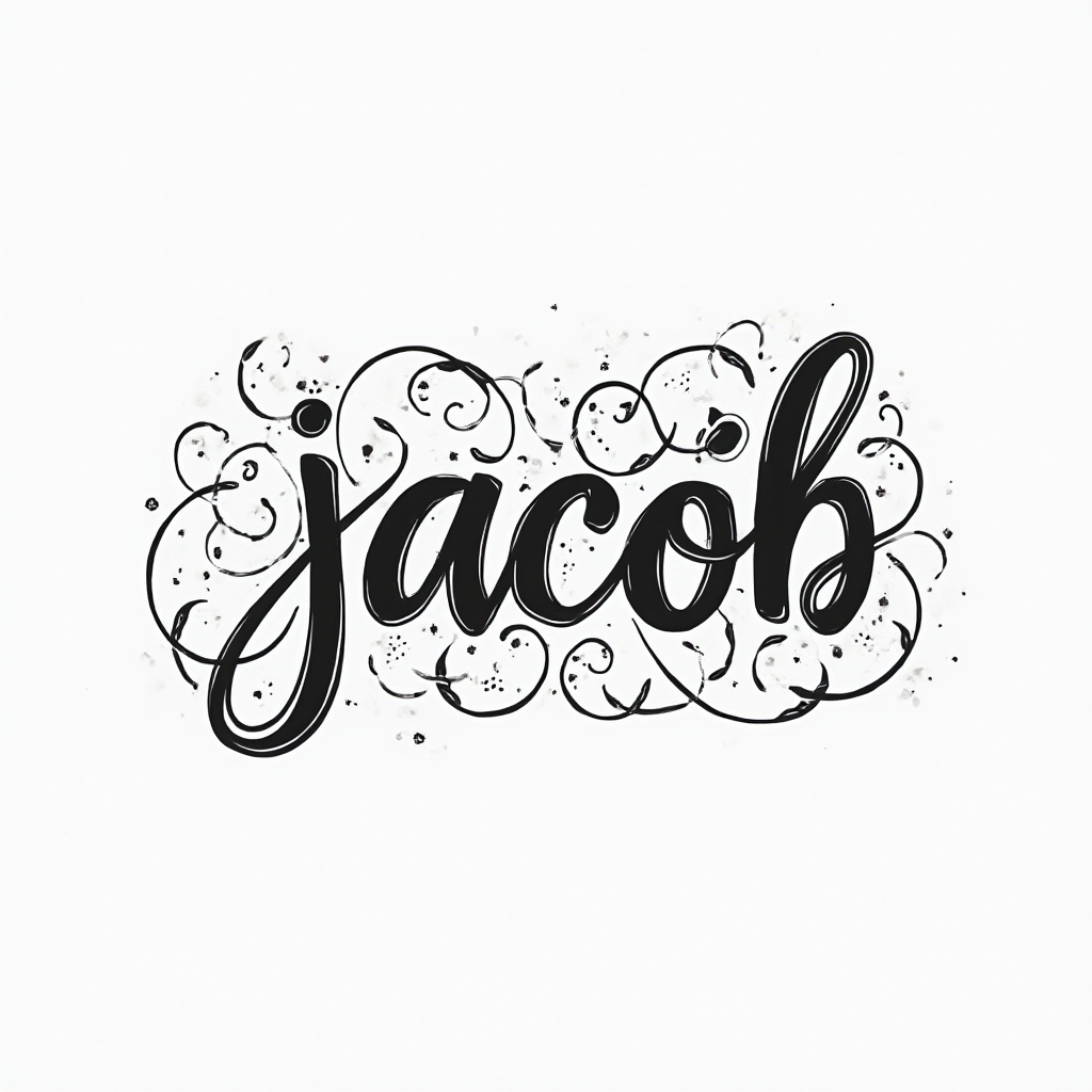 Abstract ornamental tattoo concept where the name jacob is formed from flowing black script shapes with delicate flourishes on white background.