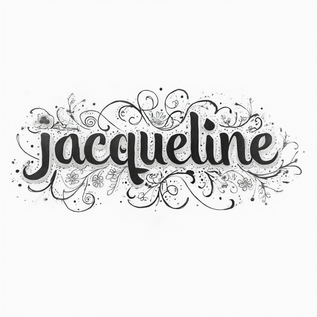 Ornamental tattoo design with the name jacqueline surrounded by intricate filigree on a white background