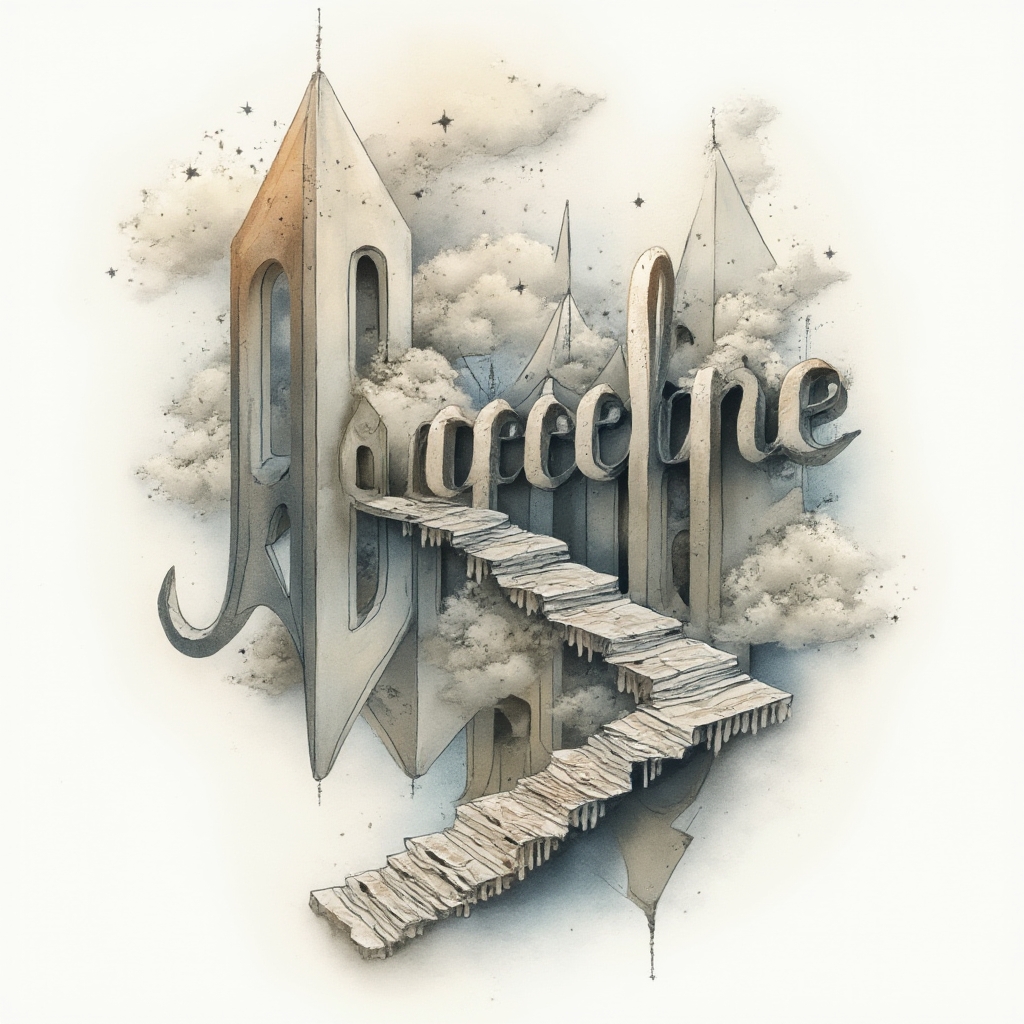 Surreal dreamscape tattoo design with the name jacqueline transforming into abstract architectural shapes on white