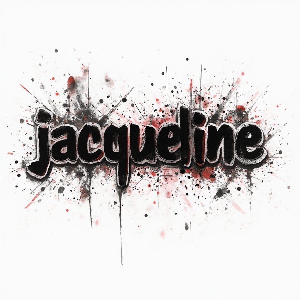Trash Polka style tattoo concept with the name jacqueline in distressed black and red graphic elements on white