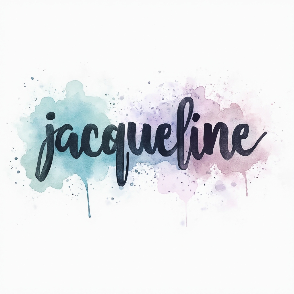Watercolor tattoo concept with the name jacqueline in flowing colorful brushlike lettering on a white background