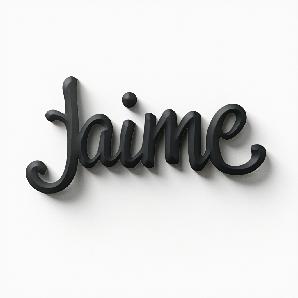 Dimensional glyph-style tattoo concept of the name jaime in bold sculpted black lettering on a white background