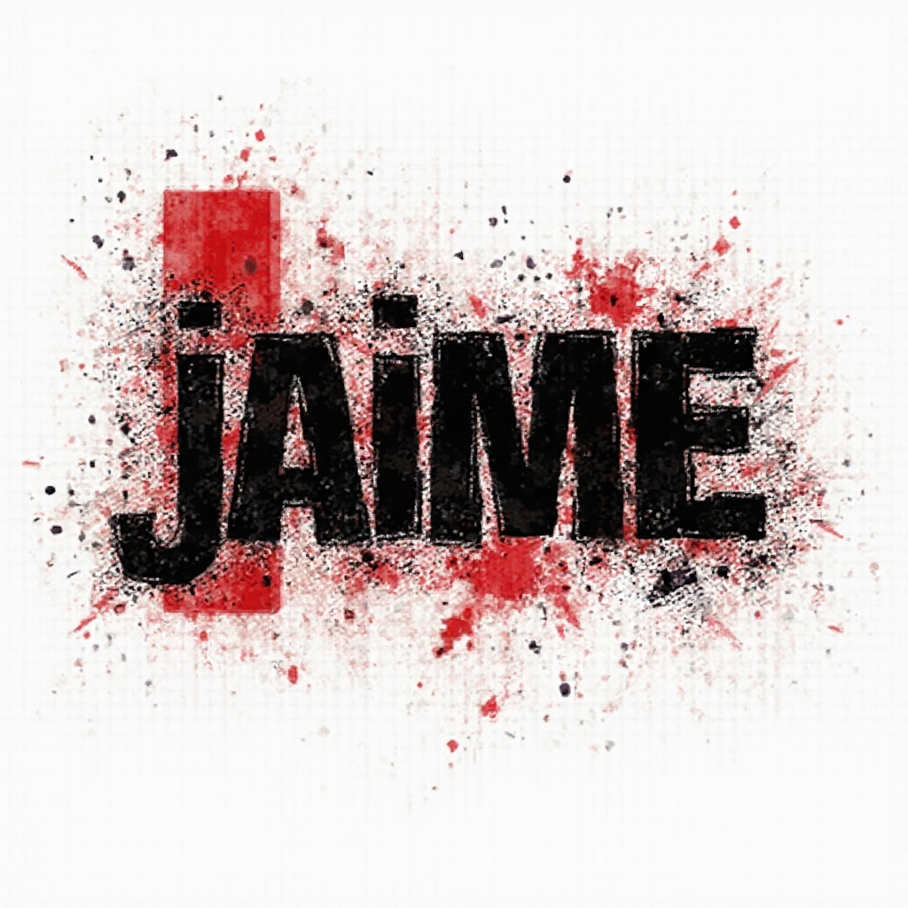 Trash Polka tattoo concept of the name jaime with bold black and red fragmented lettering on a white background