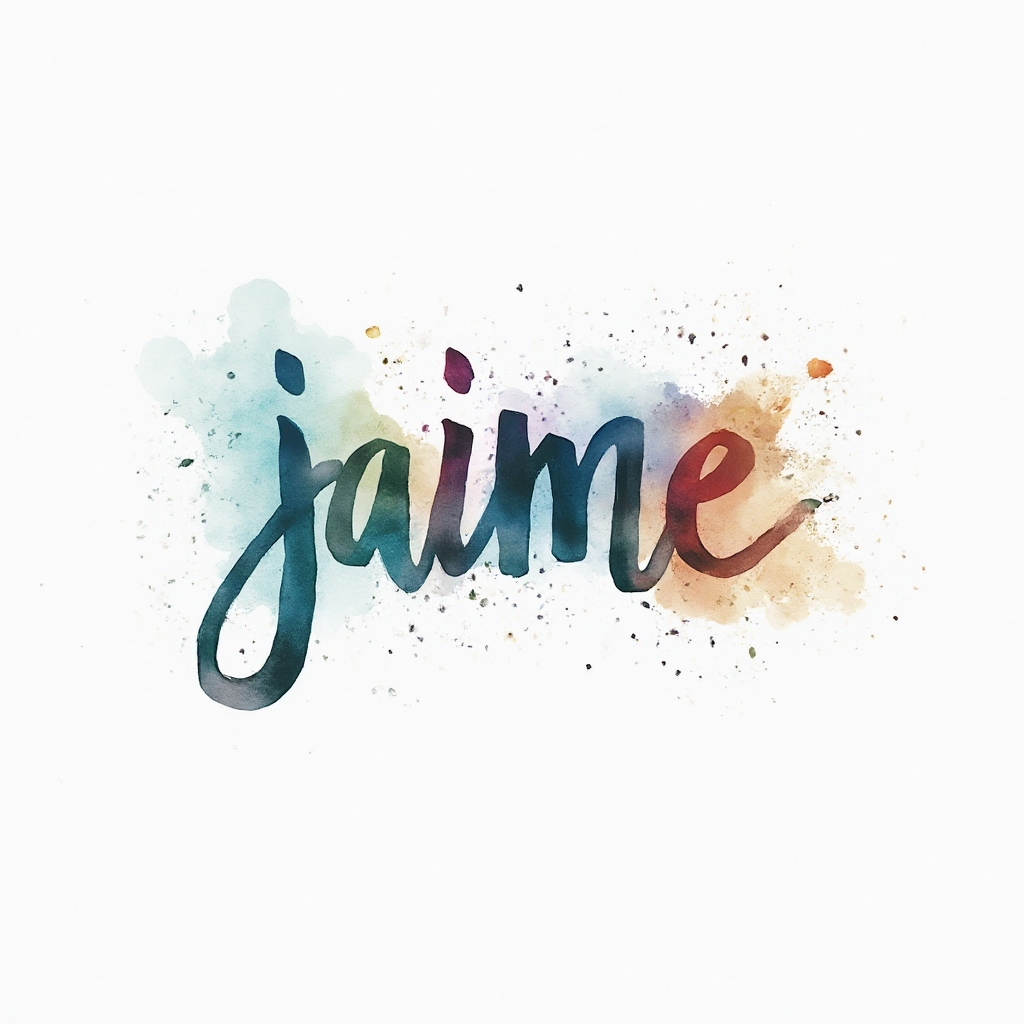 Watercolor-style tattoo concept of the name jaime in colorful flowing brushstroke lettering on a white background