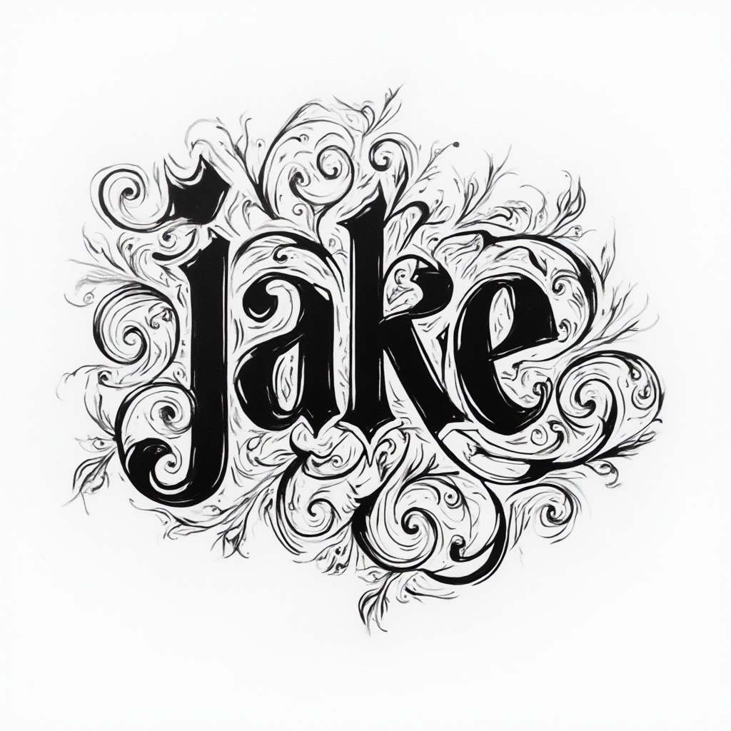 Abstract ornamental tattoo concept where the name jake is woven into an intricate emblem on a white background