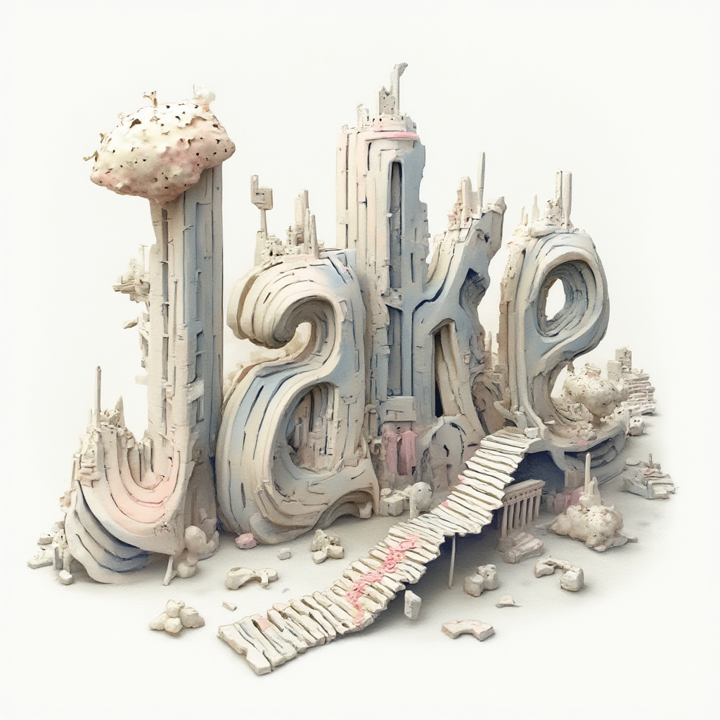 Surreal tattoo concept with the name jake formed from dreamlike impossible structures on a white background