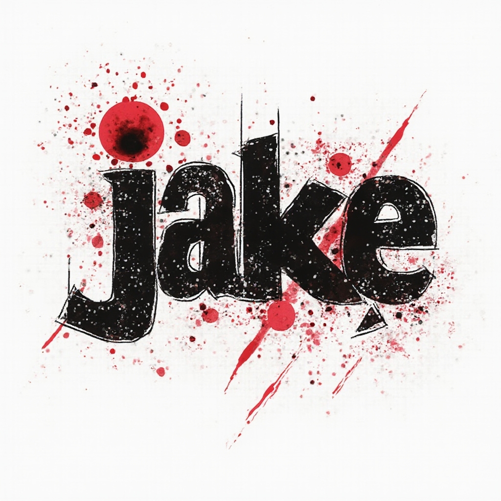 Trash Polka tattoo concept with the name jake built from distressed black and red graphic letter shapes on a white background