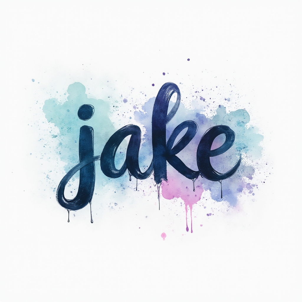 Watercolor tattoo concept where the name jake is formed from colorful splash-like letter shapes on a white background