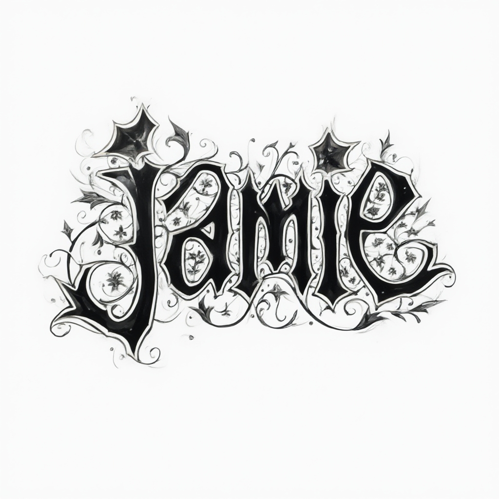 Abstract ornamental tattoo emblem where the name jamie is formed from interlocking shapes on a white background.